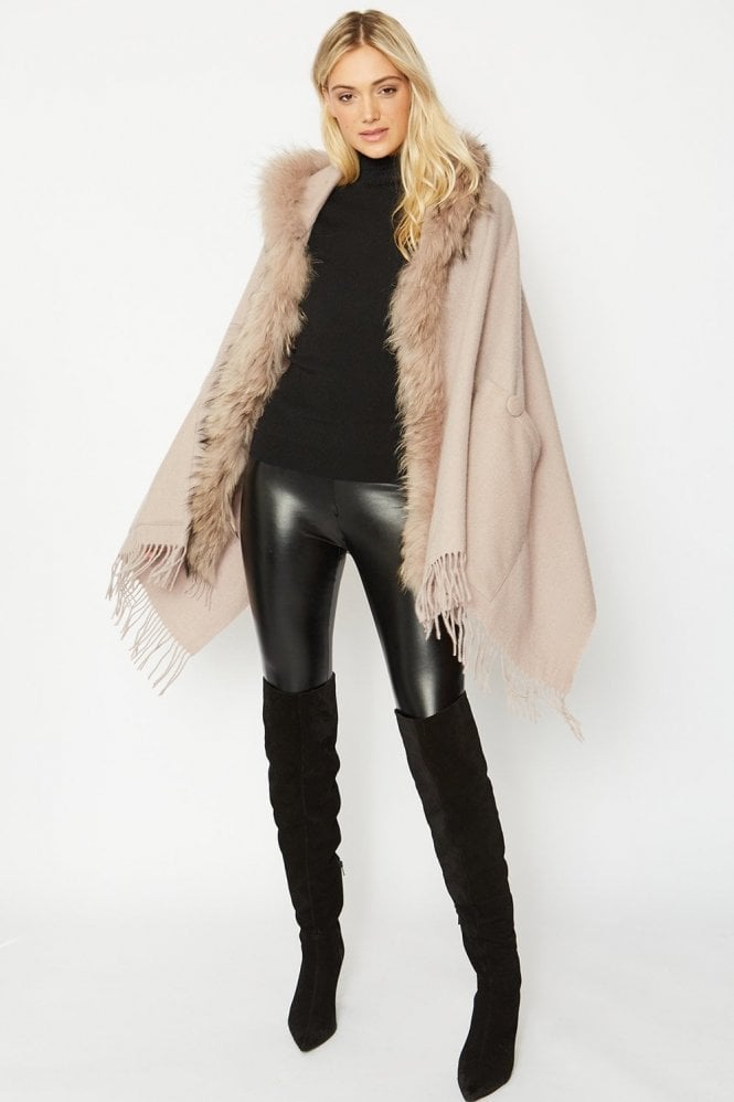 JAYLEY Pink Lambswool Fox Hooded Wrap