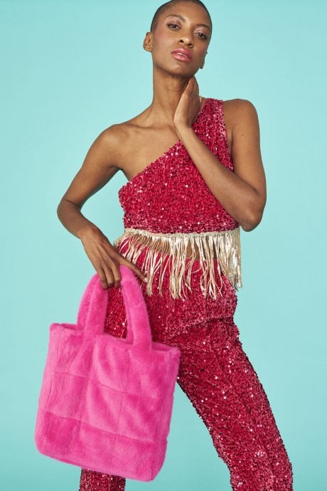 Pink Sequin One shoulder cropped top with Sequin Tassels