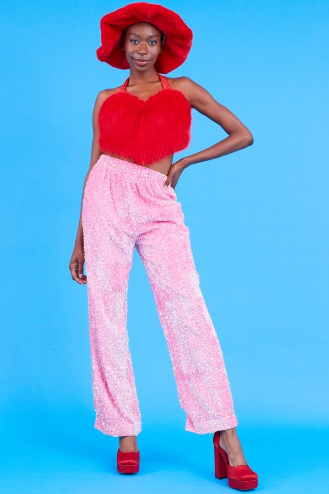 JAYLEY Pink Sequin Trousers with Elasticated Waste
