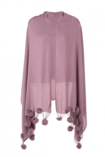 Purple Cashmere Wrap With Coney Fur Pom Poms