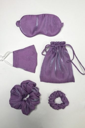 Purple Silk Blend Face Mask, Eye Mask & 2x Scrunchie Set