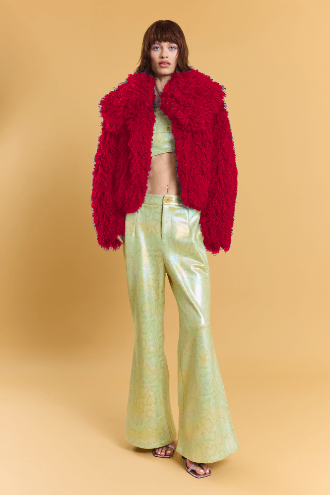 JAYLEY Red Bamboo Blend Faux Mongolian Jacket 
