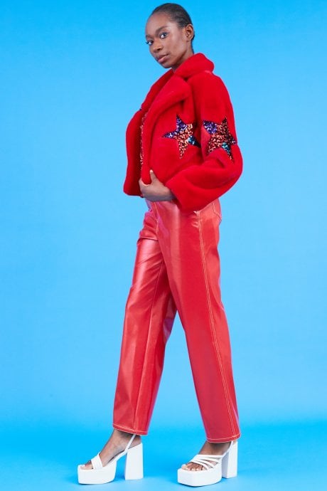 Red Bamboo Faux Fur Sequins Star Jacket