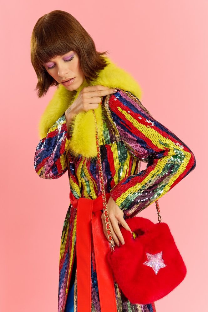 JAYLEY Red Bamboo Lyocell Faux Fur Sequins Star Bag