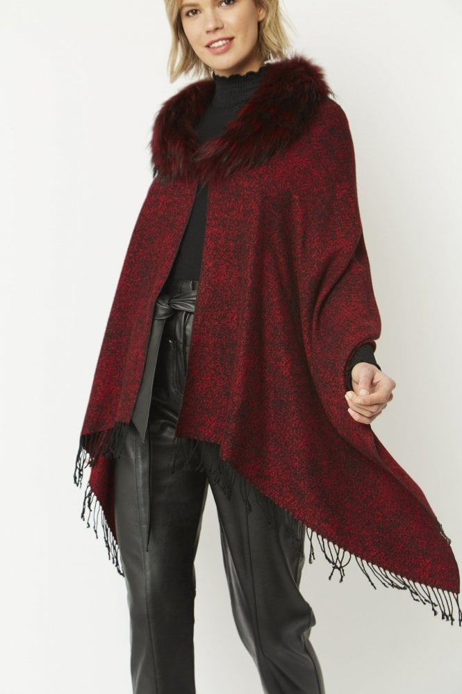 JAYLEY Red Cashmere And Silk Wrap with Fox Fur Collar