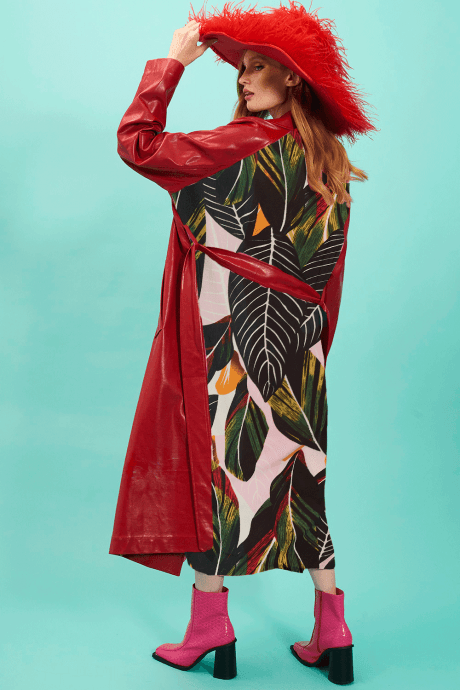 Red Eco Leather Trench Coat with Botanical Back Panel