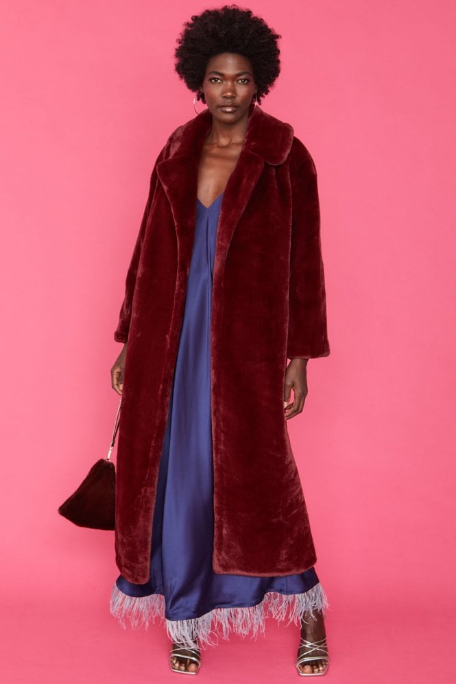 JAYLEY Red Faux Fur Maxi Coat