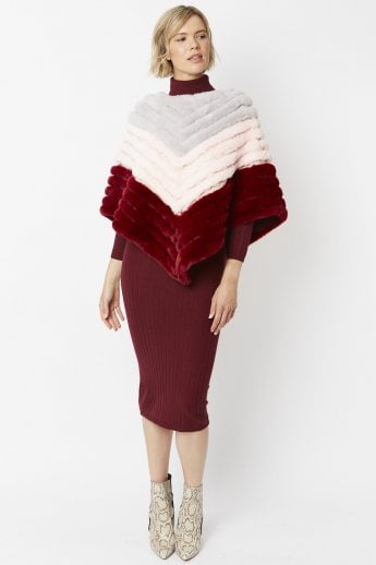 Red Faux Suede Faux Fur Poncho