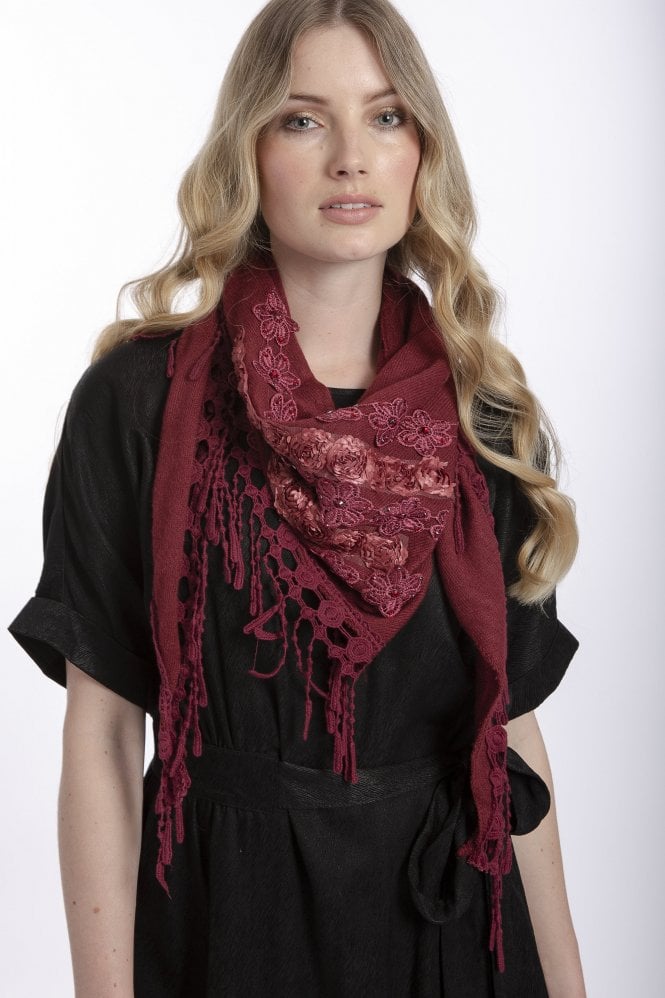JAYLEY Red Fine Knit Scarf with Roses