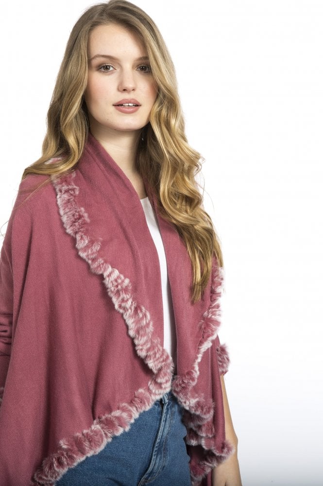 JAYLEY Red Fine Knit Sleeved Cape Jacket with Coney Fur Trim