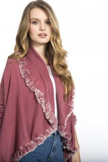 Red Fine Knit Sleeved Cape Jacket with Coney Fur Trim