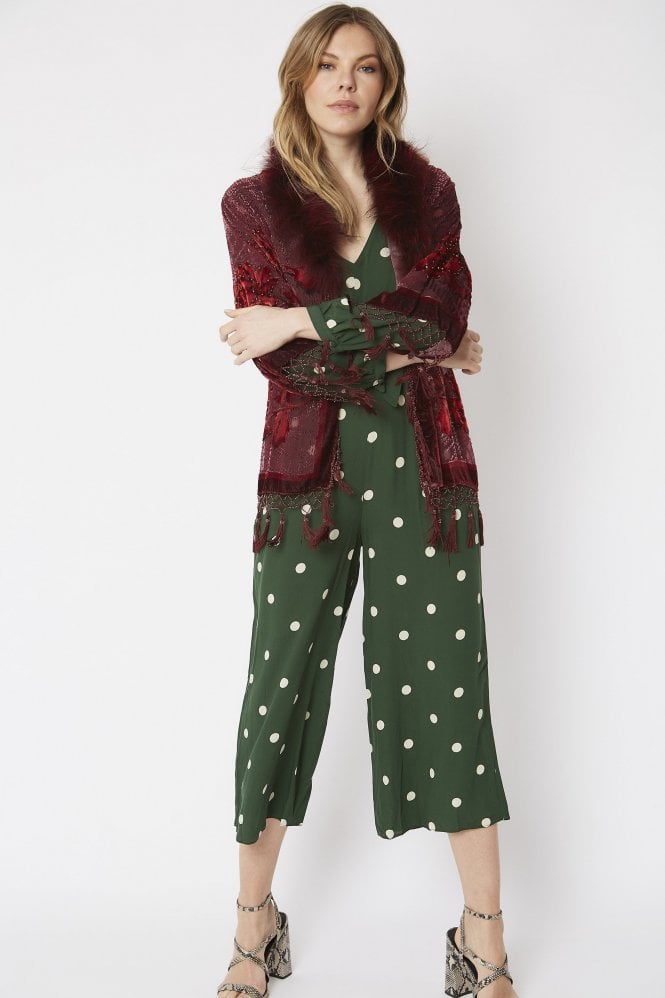 JAYLEY Red Fur Collar Devore Jacket