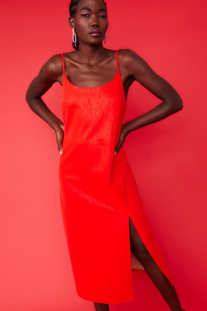 JAYLEY Red Midi Cami Style Pencil Dress with Split