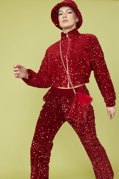 Red Sequin Cropped Biker Jacket