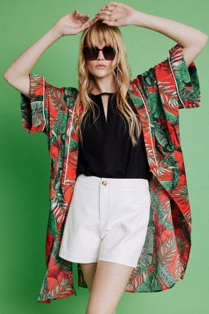 Red Silk Blend Palm Print Kimono