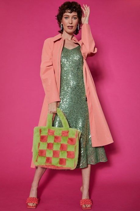 Reversible Check and Diamond Faux Fur Large Tote Bag