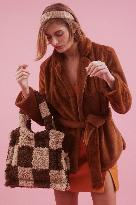 Shearling Checkered Tote Bag in Brown