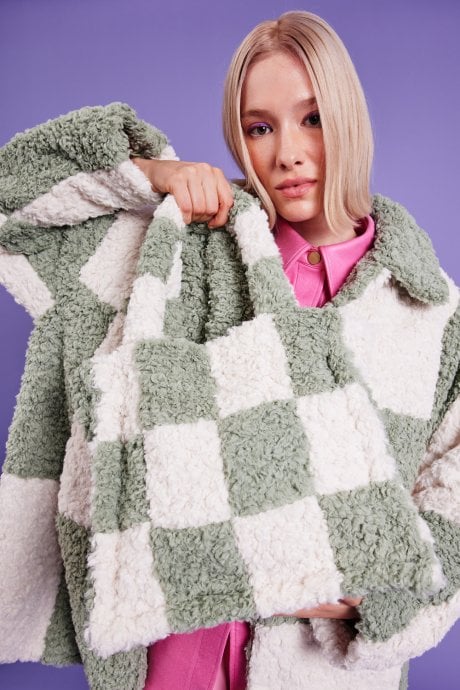 Shearling Checkered Tote Bag in White and Green