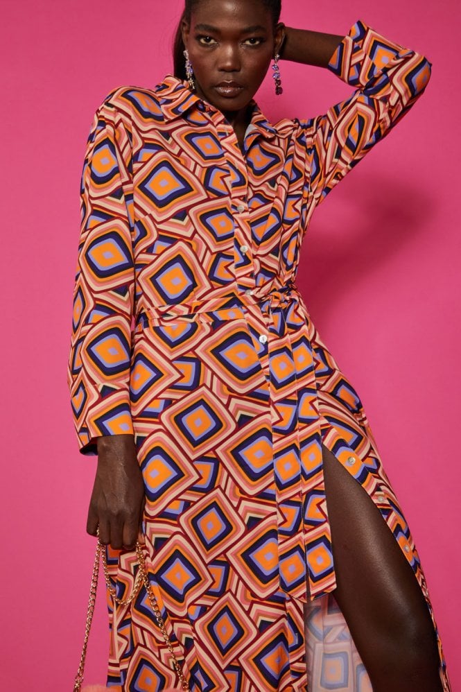 JAYLEY Silk Blend Maxi Shirt Dress in Geometric Print
