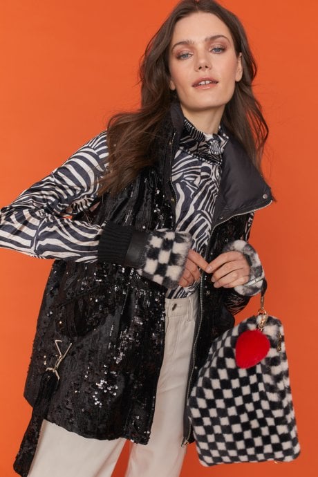 White and Black Checkered Luxury Faux Fur Bag
