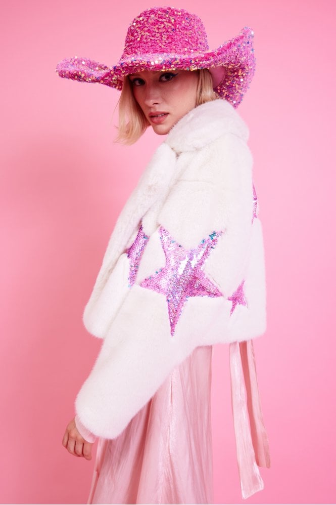 JAYLEY White Bamboo Faux Fur Sequins Star Jacket