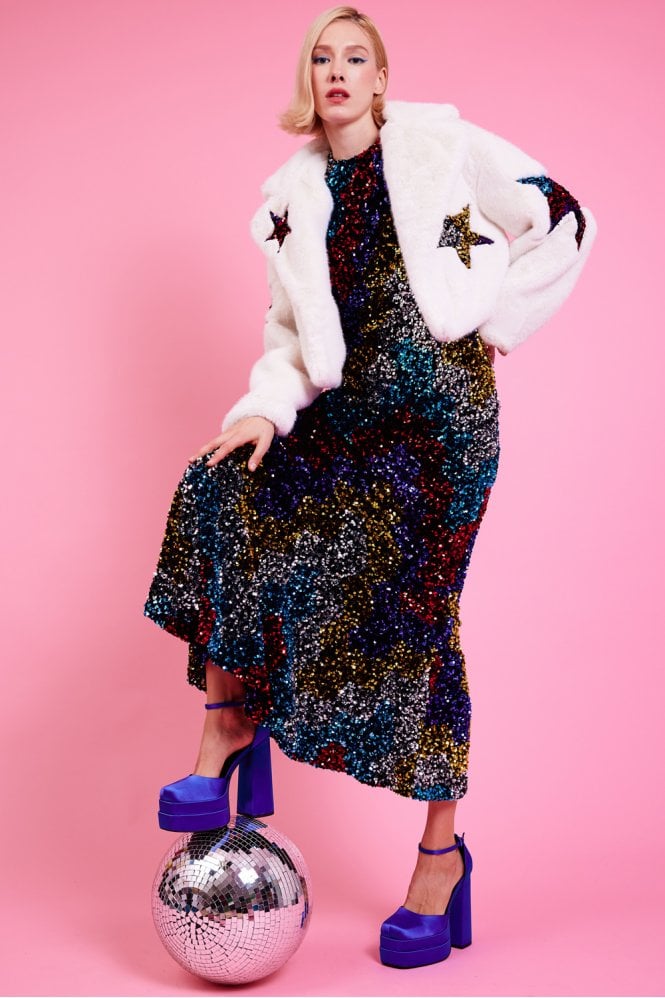 JAYLEY White Bamboo Faux Fur Sequins Star Jacket