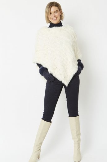 White Cashmere Blend Coney Fur Poncho