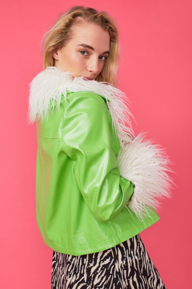 JAYLEY White Faux Leather Biker Jacket with Mongolian fur Cuffs and Collar