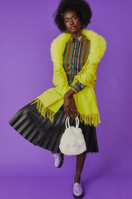 Wool Wrap with Yellow Detachable Faux Fur Collar