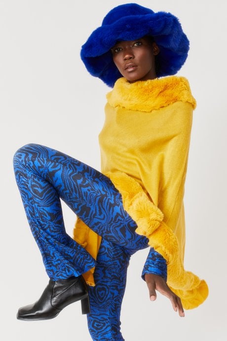 Yellow Blue Fine Knit Faux Fur Trim Light Weight Softest Poncho