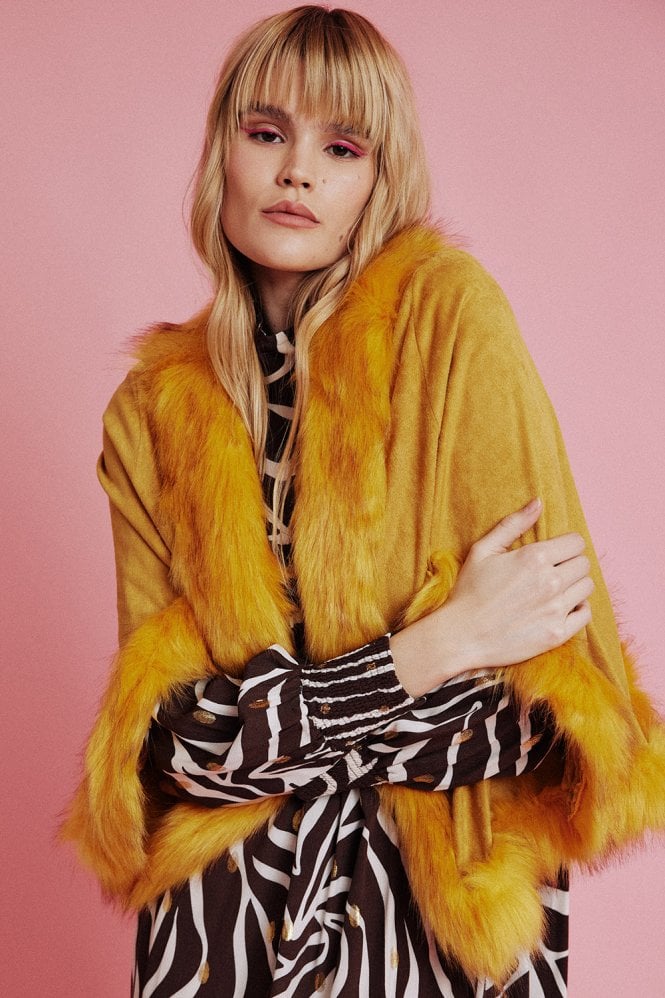 JAYLEY Yellow Faux Fur Faux Suede Cape Jacket