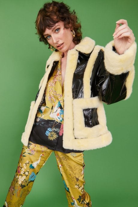 Yellow Faux Shearling Aviator Jacket