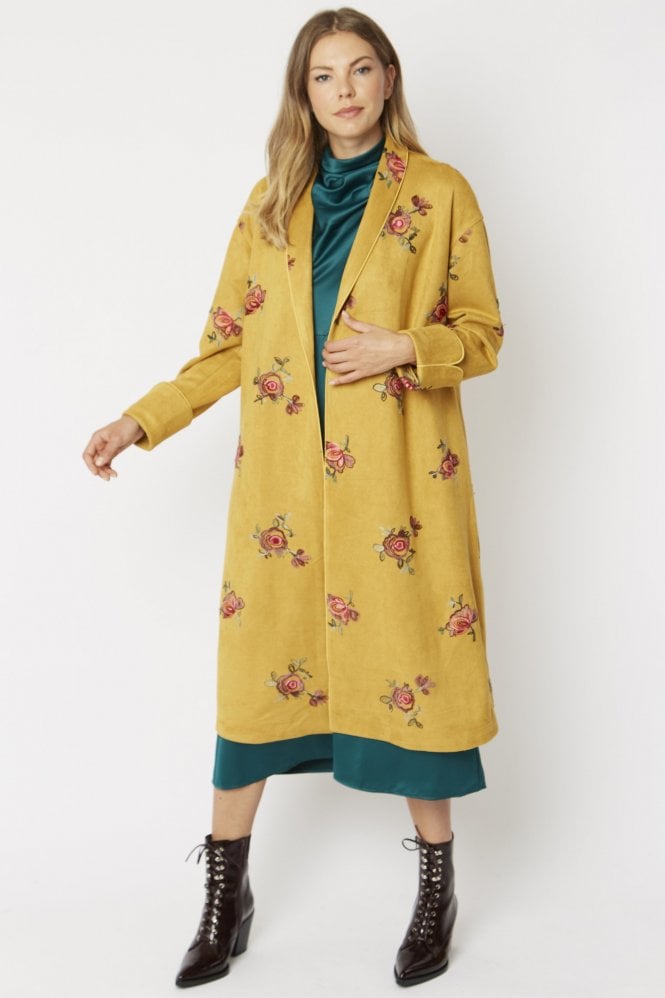 JAYLEY Yellow Faux Suede Embroidered Coat