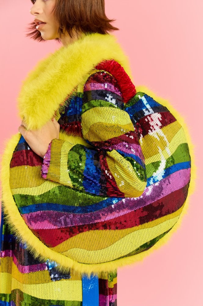 JAYLEY Yellow Sequin and Faux Fur Bag