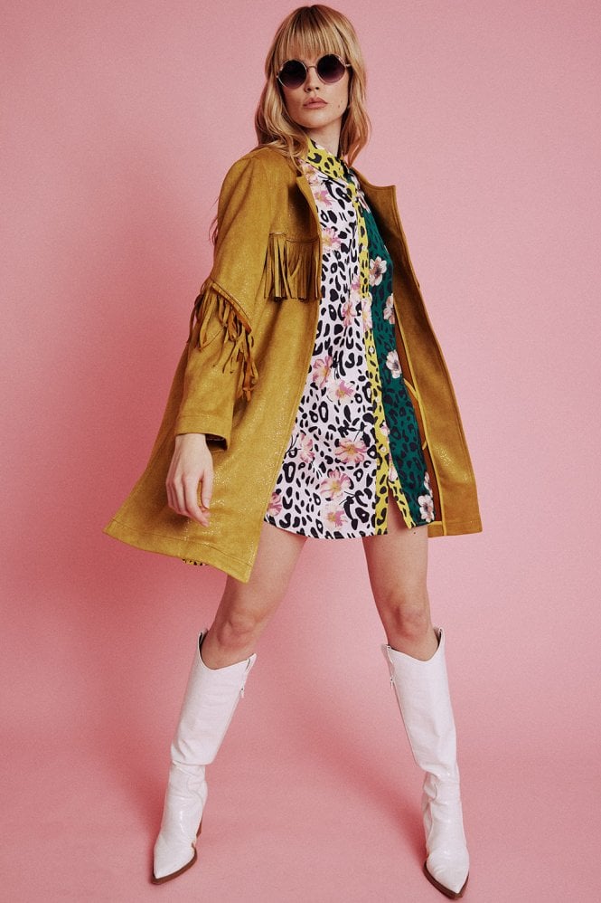 JAYLEY Yellow Starlight Tassel Glitter Faux Suede Jacket