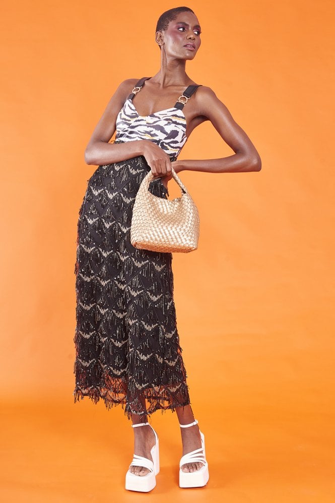 JAYLEY Zebra Print Black Sequin Tassel and Eco Leather Maxi Dress