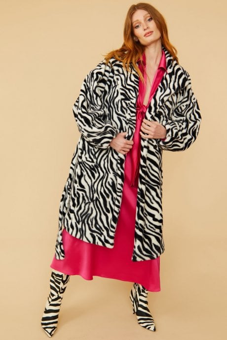 Zebra Print Faux Fur Midi Coat with Belt
