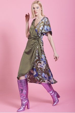 Khaki Mixed Print Silk Blend Wrap Dress