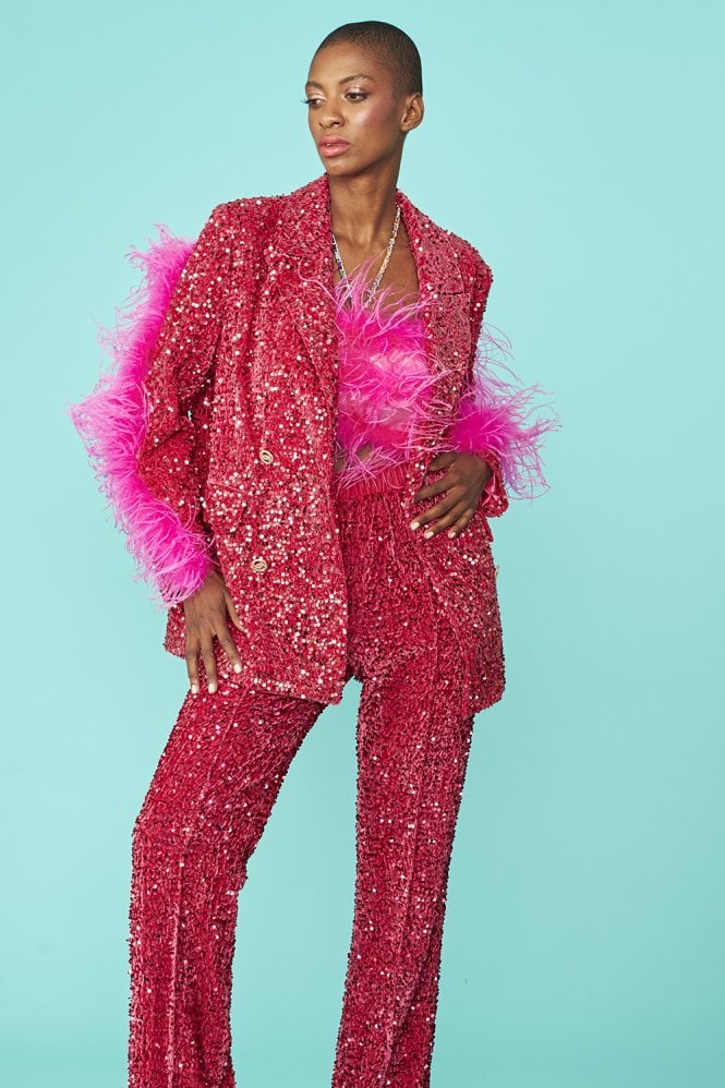 Pink Sequin Feather Trim Blazer