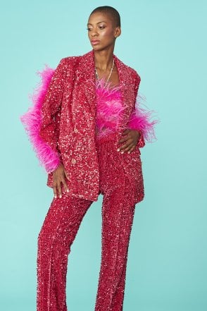 Pink Sequin Feather Trim Blazer