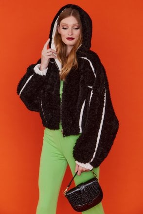 Black and White Faux Fur and Eco Leather Reversible Hooded Bomber Jacket