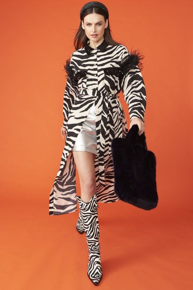 Zebra Print Trench Coat Dress with Feather Trim and Embellished Collar